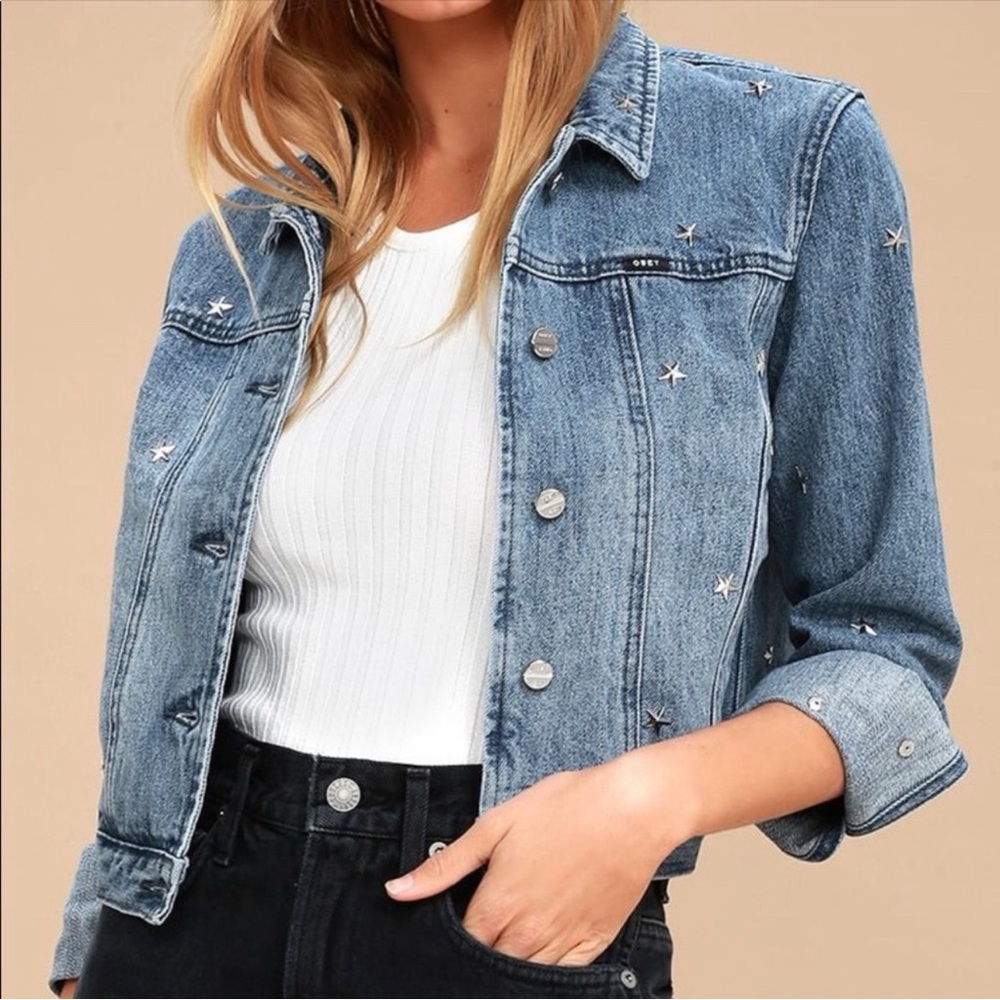 Obey cropped star studded denim jean jacket stardom size medium